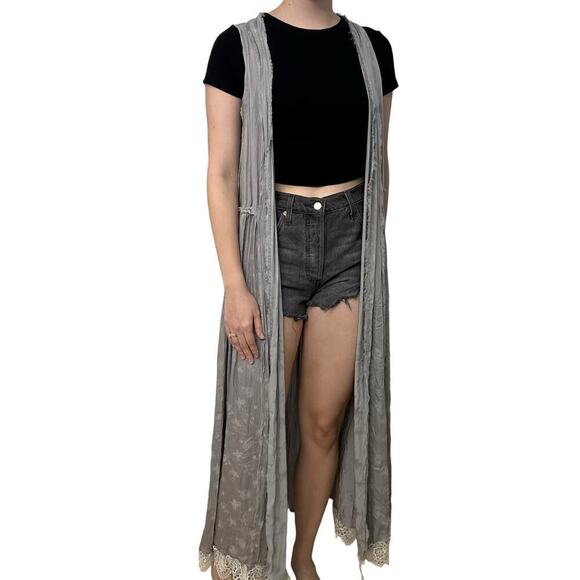 Free People Cardigan Kimono Sweater Long Duster Gray Boho Whimsigoth Gray Small - Picture 8 of 8